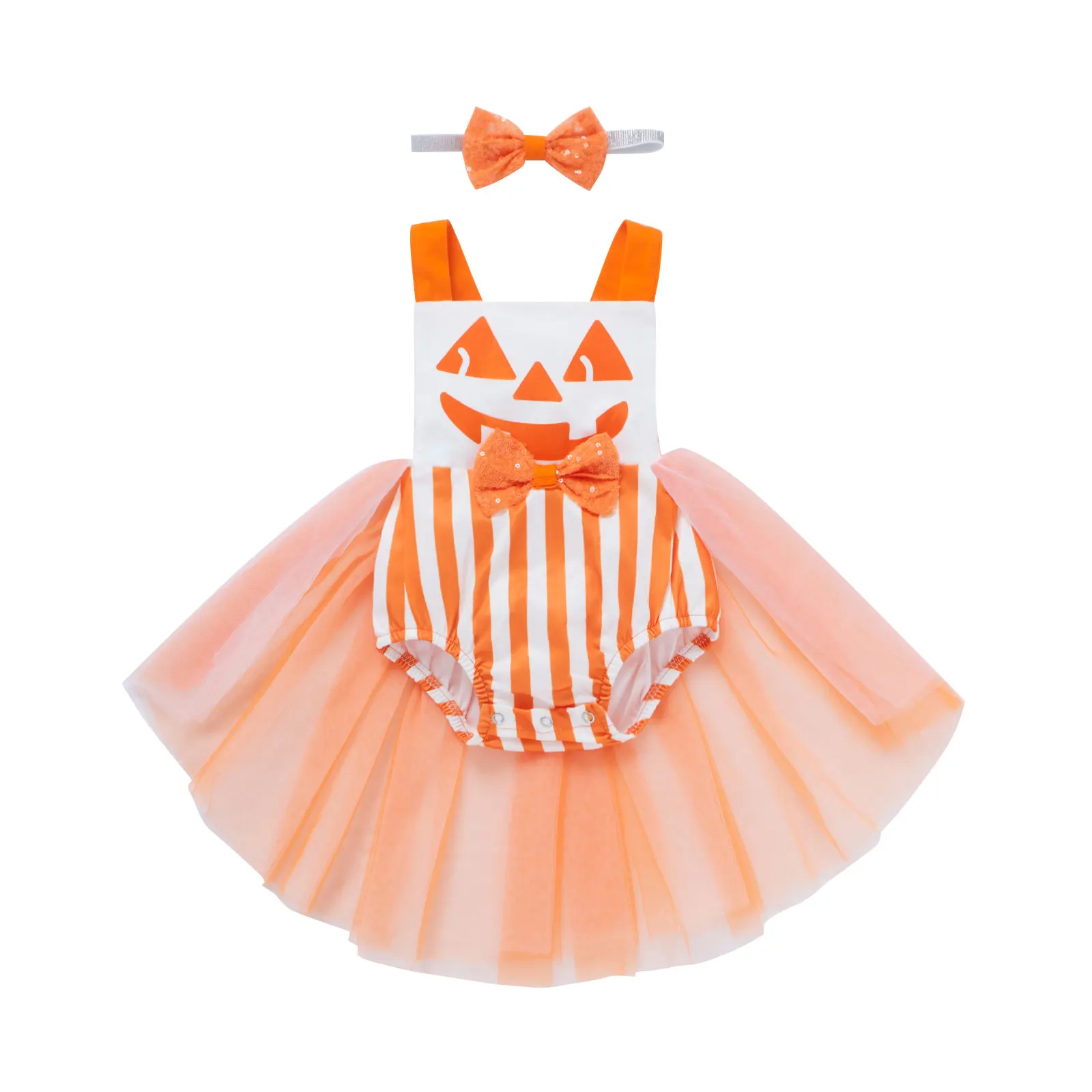 

0-24M Infant Baby Girl\u2019s Casual Suspender Romper Cute Halloween Printed Mesh Yarn Hem Jumpsuits Headband 2021