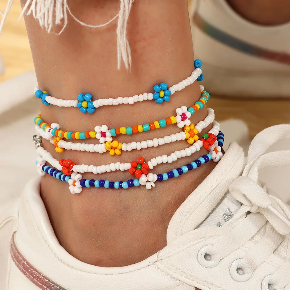 

New Summer Lovely Flowers Daisy Bohemia Colorful Beads Simple Foot Ankle Charm Anklet Bracelet Boho Beach Jewelry for Women