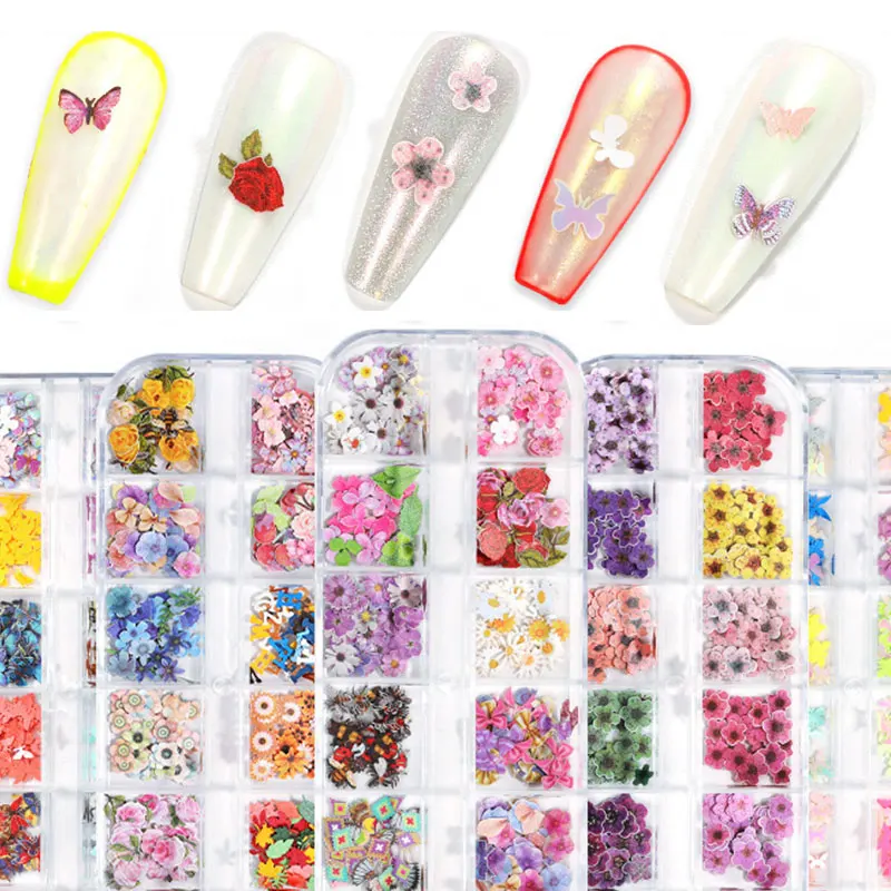 

Maple Leaf Flakes Epoxy Resin Filler Nail Sticker 3D Butterfly Flower Nail Sequins 12 Grids/Box Wood Pulp Piece Manicure Decor