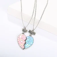 2pcs set sequin stitching pink blue heart broken best friends necklace pendant chain bff friendship jewelry gifts for kids
