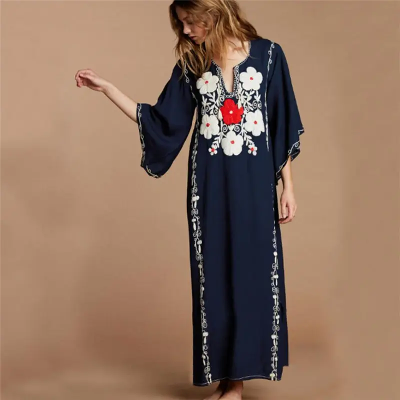 По сравнению с Размеры синего цвета вышивкой v-образный ворот короткий рукав