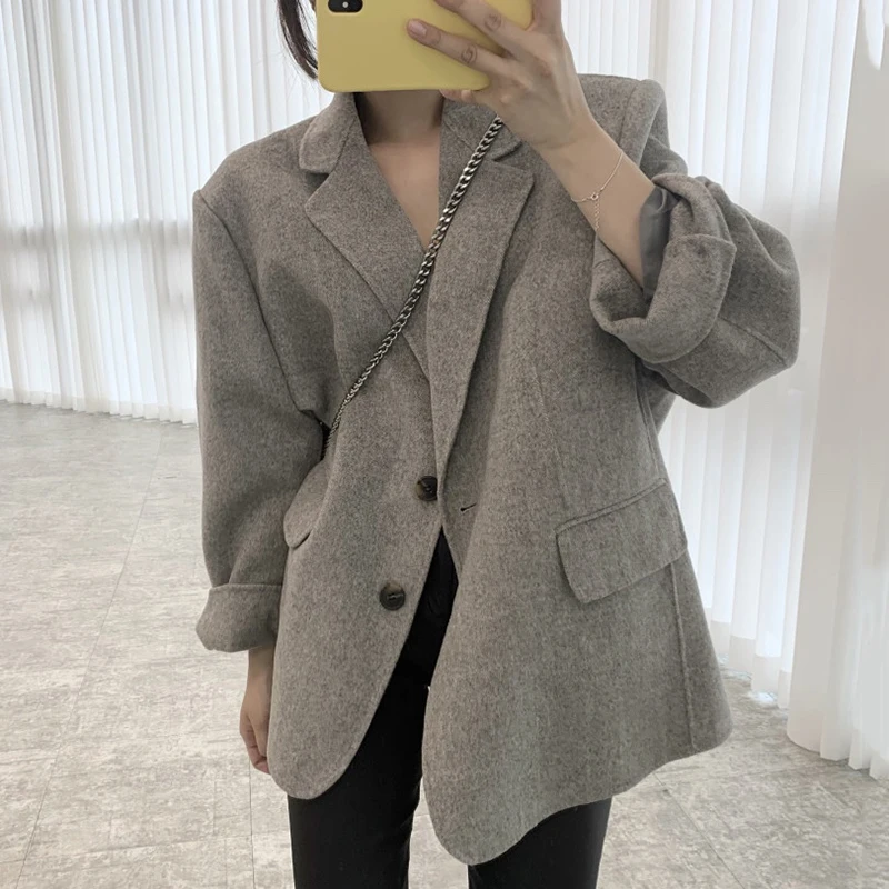 

Women Jacket 2021 Autumn Korean Chic Simple Elegant Temperament Lapel Two-Button Design Loose Long Sleeve Woolen Coats