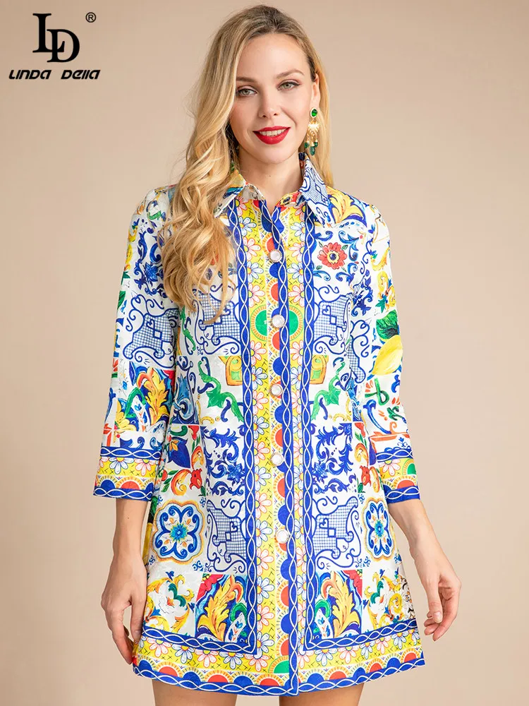 Женское винтажное длинное пальто LD LINDA DELLA с отложным воротником и принтом в стиле