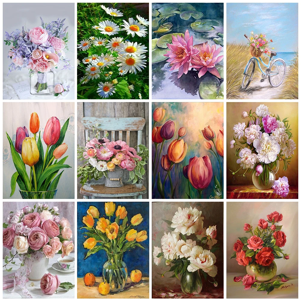 

5D Diy Diamond Painting Flowers Vase Cross Stitch Kit Round Diamond Embroidery Rose Mosaic Art Picture Of Rhinestones Home Decor