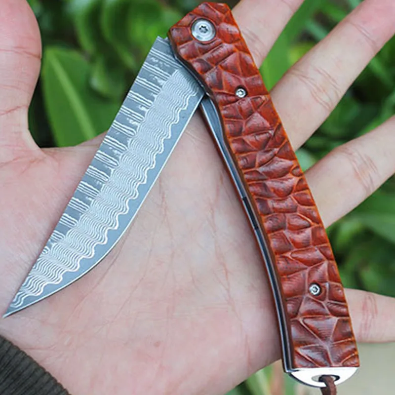 

High Hardness Damascus Steel Fixed Blade Pattern Surface Folding Knife Field Self Defense Pocket Red Sandalwood Handle Knife