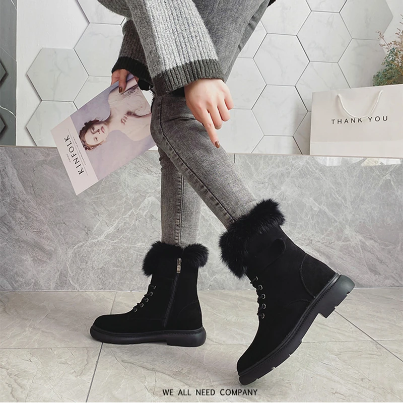 

Winter Snow Boots Women Boots Suede Leather 2021 Women Flat Platform Mid-Calf Boots Ladies Shoes Plush Fur Warm Boots Plus 34-43