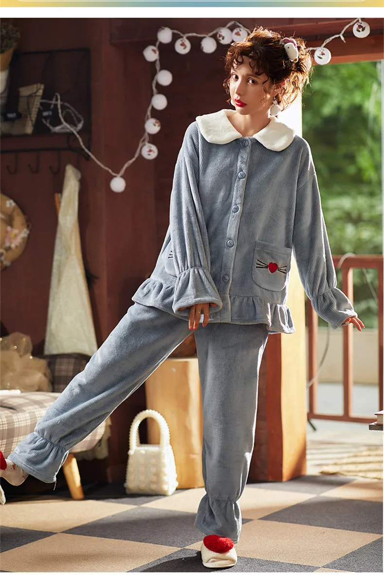 Fdfklak Коралловая флисовая Пижама осень зима плюс бархат Дамы фланель домашний