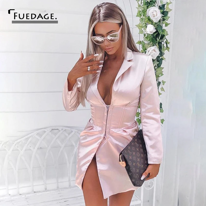 Fuedage осеннее сексуальное вечернее платье женское облегающее с глубоким V