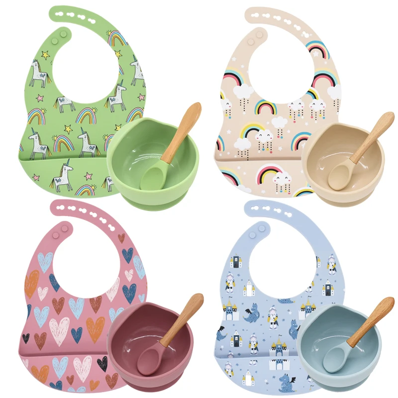 

Baby Tableware Set Silicone Sucker Bowl Waterproof BPA Free Baby Print Bibs Children Toddle Feeding Plate Spoon Supplies for Kid