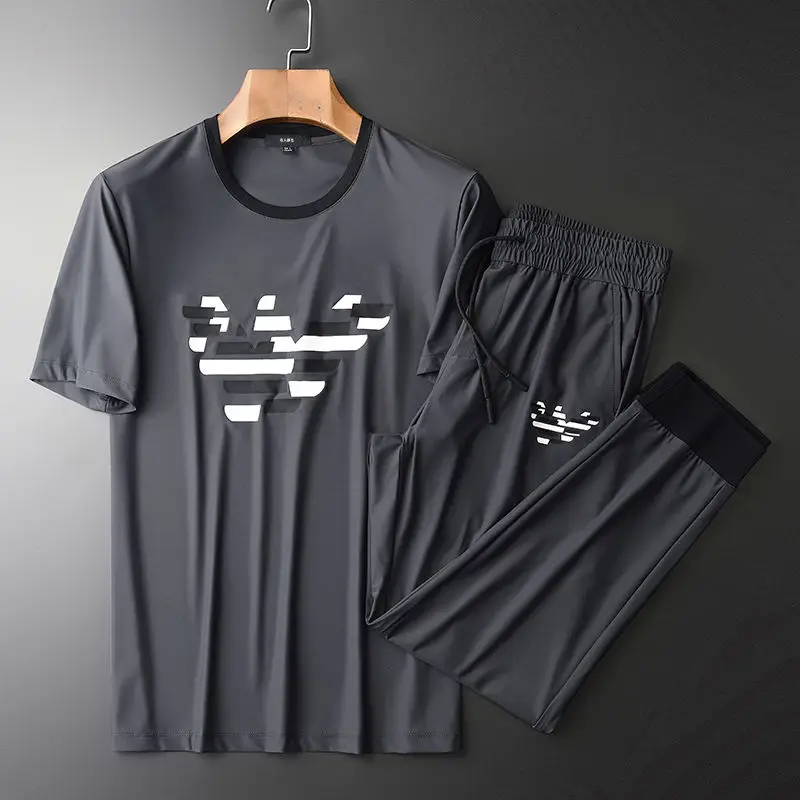 

Men's casual sports suit slim plastic pattern summer new fashion silk smooth breathable gray two piece men's suit