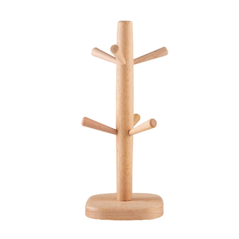 Tree Shape Wood Coffee Tea Cup Storage Holder Stand Home Kitchen Mug Hanging Display Rack Drinkware Shelf with 6 Hooks-Square Ba |