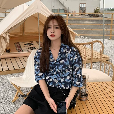 

Houthion Chiffon Loose Women's Blouses New Casual Blouse Fashion Short Sleeve Top Button Printing Shirt Summer