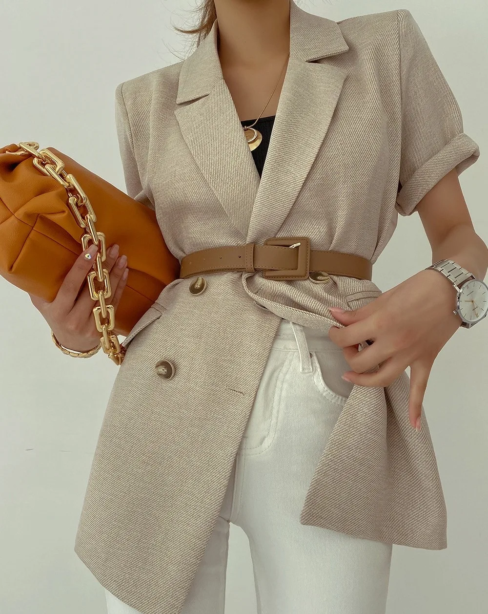 

SuperAen Chiffon Patchwork Solid Office Lady Notched Blazer Women Coat