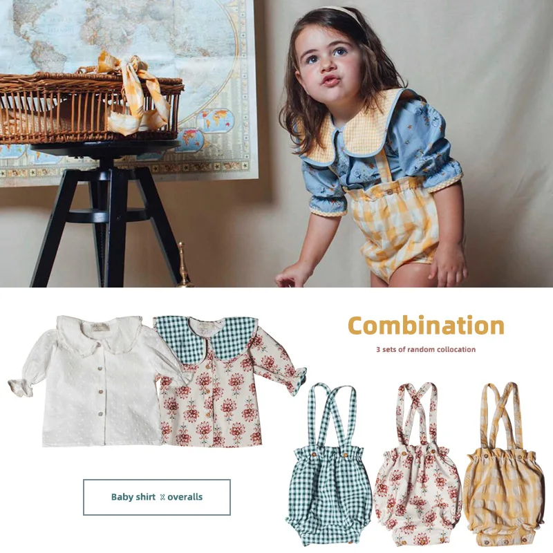 

Girls Shirt Set 2021 Spring And Summer New Baby Girls Lace Lapel Tops Suspenders Package Fart Shorts Set Sweet Summer Clothes