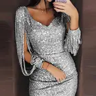 Платье женское с V-образным вырезом, однотонное блестящее Клубное облегающее мини-платье с длинным рукавом, 7 цветов, большие размеры 3XL
