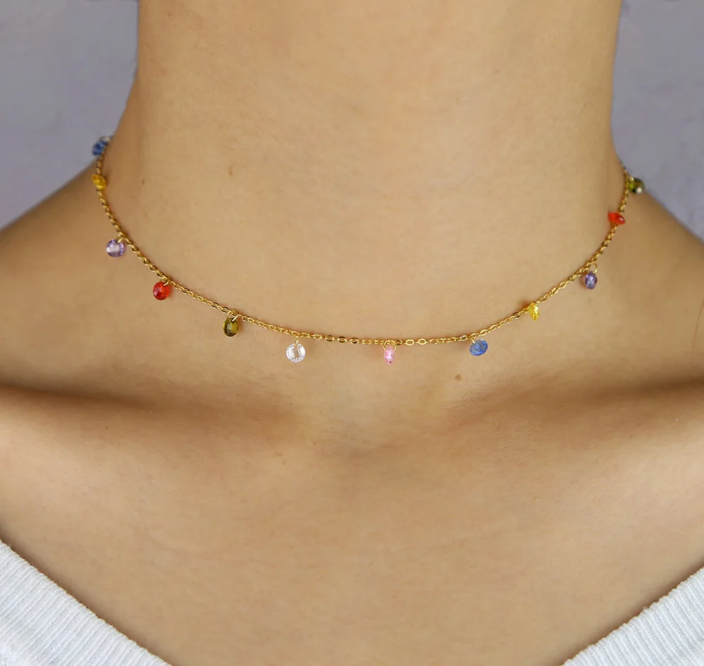 Эффектная Радуга cz Шарм Серебрянное колье чокер позолоченный цвет модные