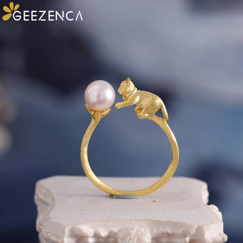 

925 Sterling Silver Cat Pearl Gold-plated Resizable Ring Fine Jewelry Women Cute Kitten Open Rings Trendy Unique Gift Party