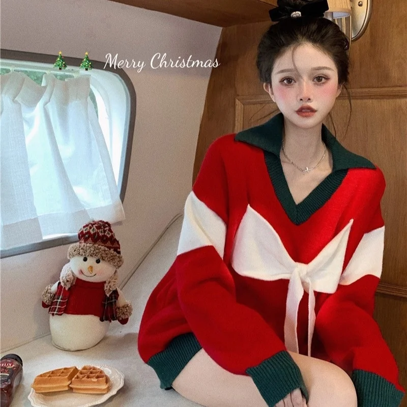 

Рождественский свитер, Осень-зима 2021, женский милый крутой красный свитер с воротником-бантом, топ C2350