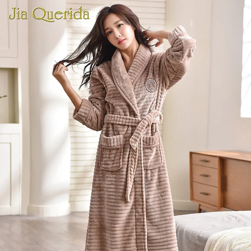 Womens Robes In Winter Soft and Warm Flannel Striped Plus Size Turn-down Collar Pocket Loose Weight Long Bathrobe Robe for Women | Женская