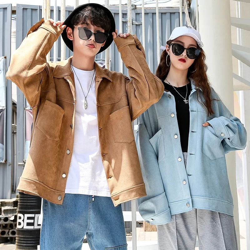 

Autumn Deerskin Velvet Jacket Men's Fashion Pocket Casual Jacket Men Streetwear Korean Loose Coffee/Gray/Blue Utility Jacket Men