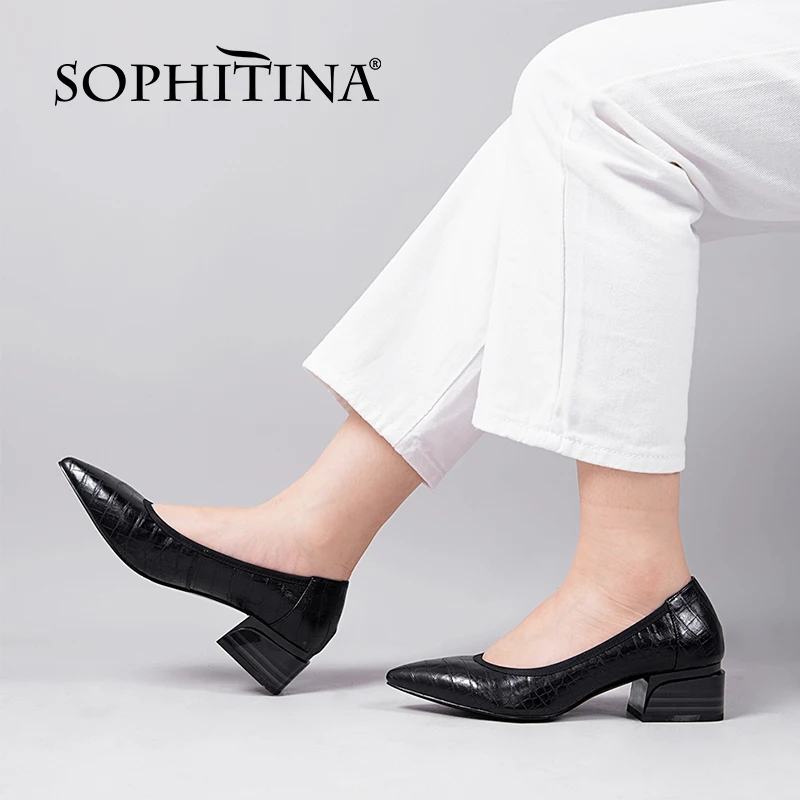 

SOPHITINA Women Pumps Dress Wild Stone Pattern Pointed Toe Pumps Square Heel Genuine Leather Elegant Comfort Women Shoes K229