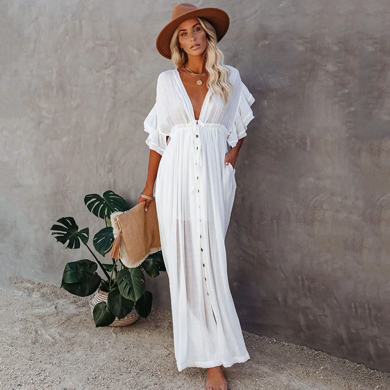 

2021 New Style Slub Fabric Buttoned Waist Rope Long Skirt Cardigan V-Neck Holiday Beach Sunscreen Long Dress Bikini Blouse Women