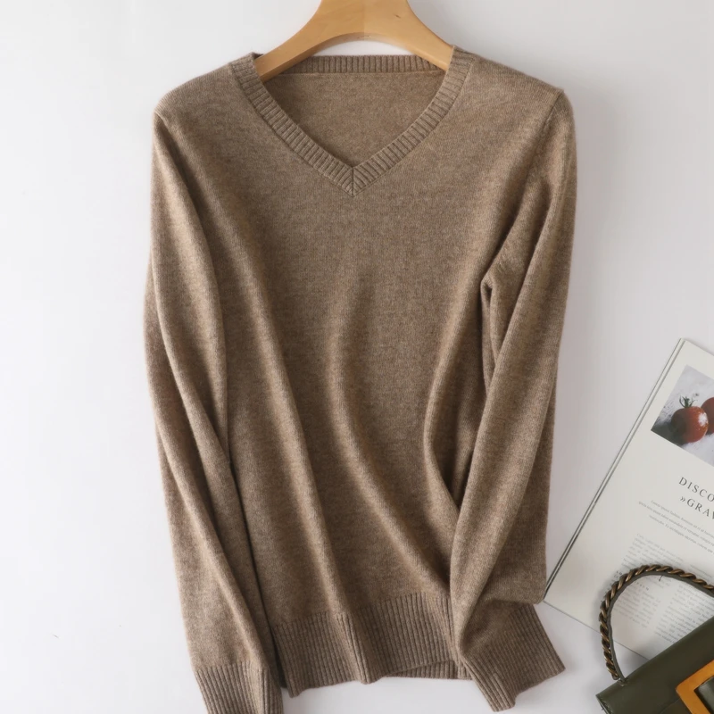 Pure Cashmere Sweater Women's 2021 Fall/Winter V-Neck Basic Loose Pullover Light and Soft High-End Fashion Knitted Warm Sweater