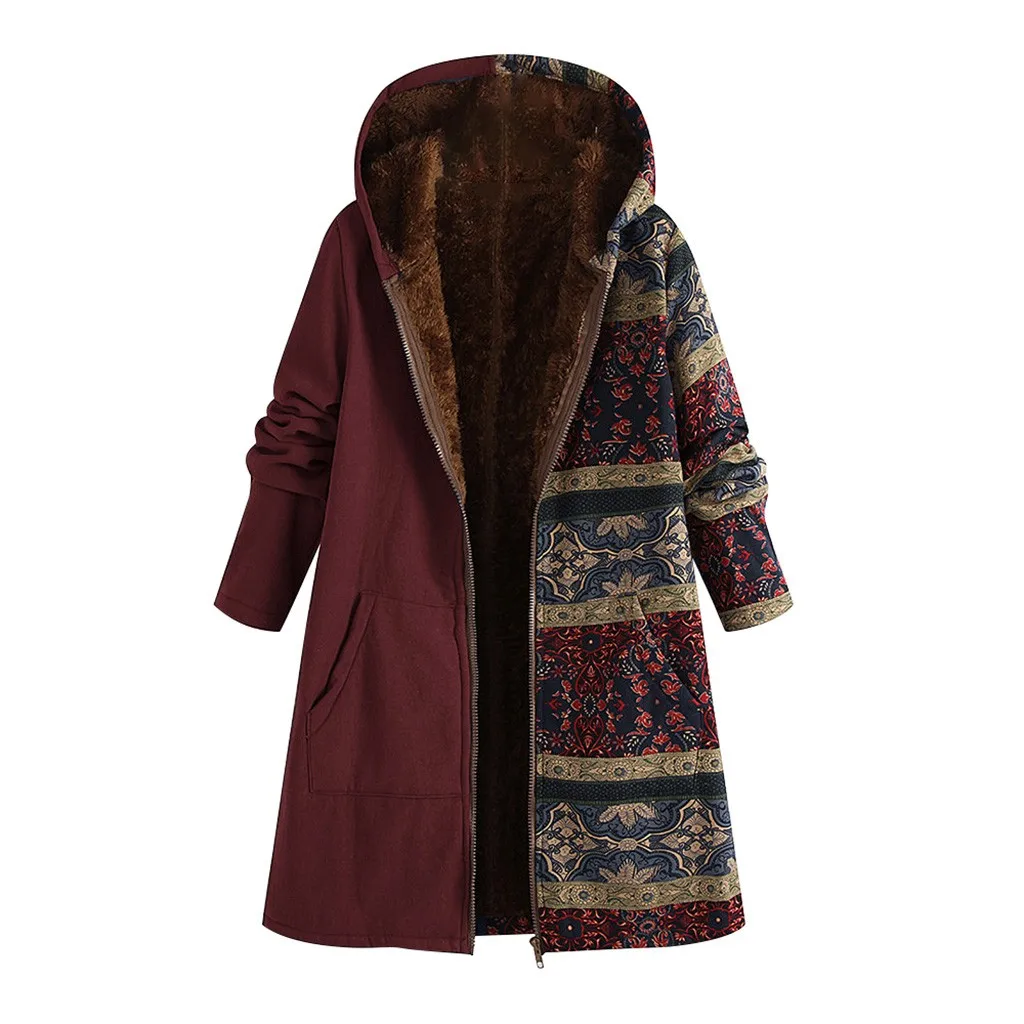 Женское пальто зимнее повседневное с цветочным принтом теплое на молнии