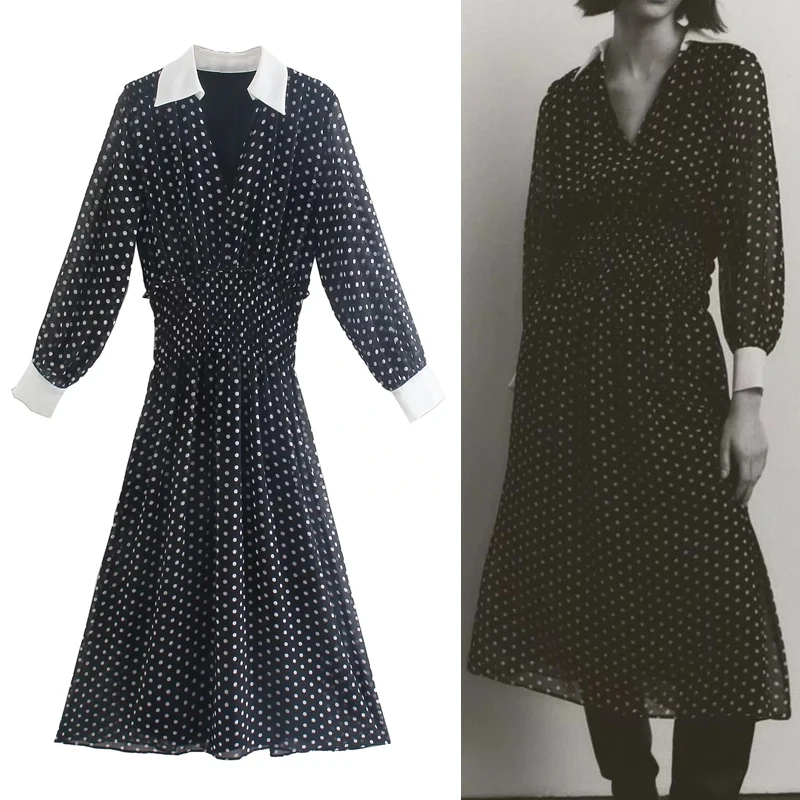 

Платье-миди в горошек, с рюшами и длинным рукавом