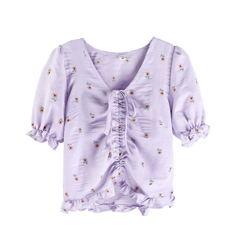 

Shirts Women Drawstring Pleated Ruffles Floral Slim V-neck Sweet Girls Ulzzang Casual Stylish All-match Cropped Female Blouses