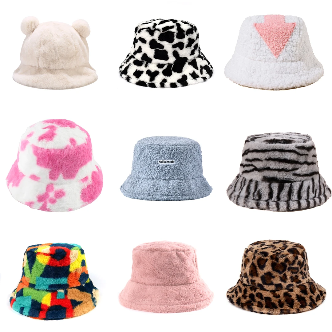 

Winter Zebra Pattern Cow Faux Fur Fluffy Bucket Hats For Women Outdoor Warm Sun Hat Soft Velvet Furly Fisherman Cap Girl Casqute