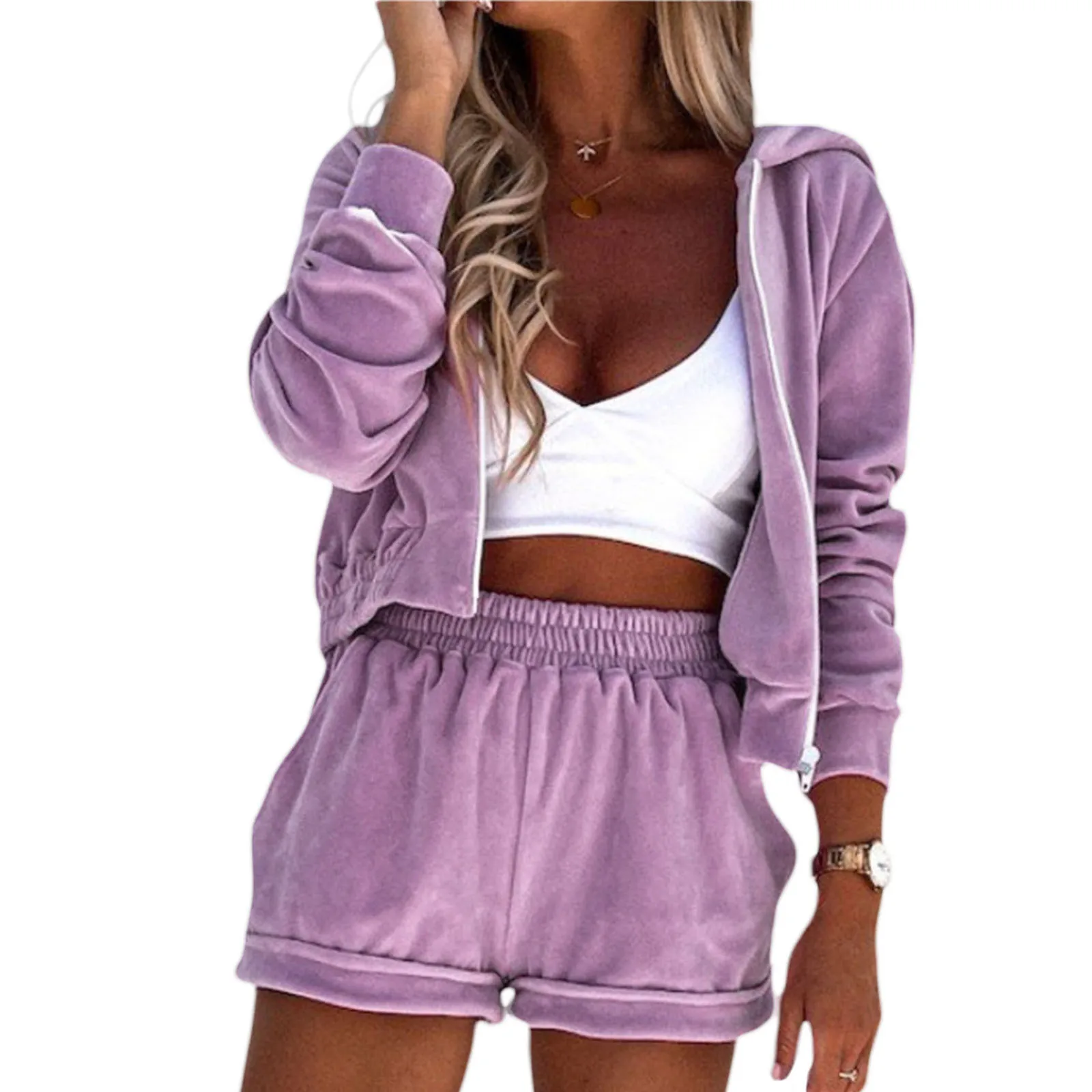 

Women\u2019s 2 Piece Fall Outfits Long Sleeve Solid Color Zip Up Hoodie + Wide Leg Shorts Set