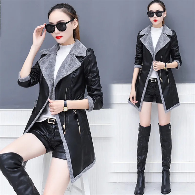 Женское длинное пальто из искусственной кожи теплое замшевое овечьей шерсти