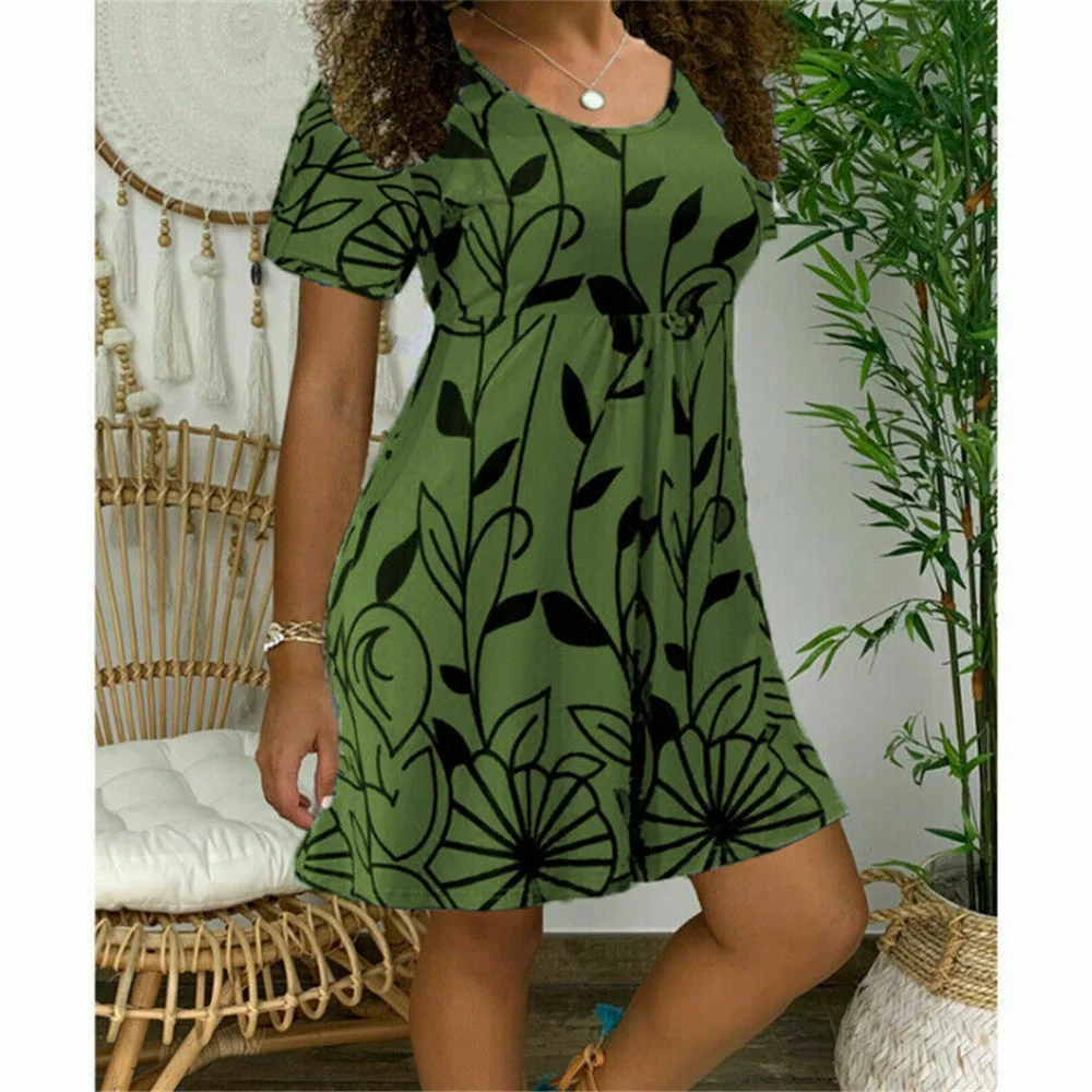 

Women Summer Floral Mini Dress Short Sleeve Casual Crew Neck Sundress Plus Size
