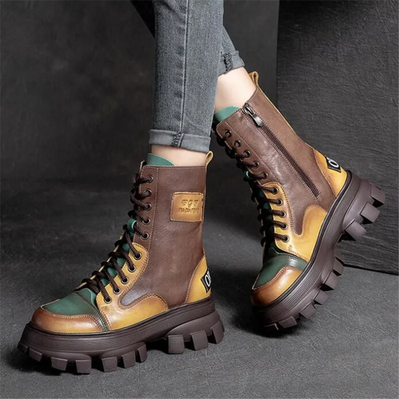 

Thick Heels Winter Women's Shoes Martin Boots Mid Calf Boots Vintage Style Platform Mixed Colors Female Cowhide Leather Boots