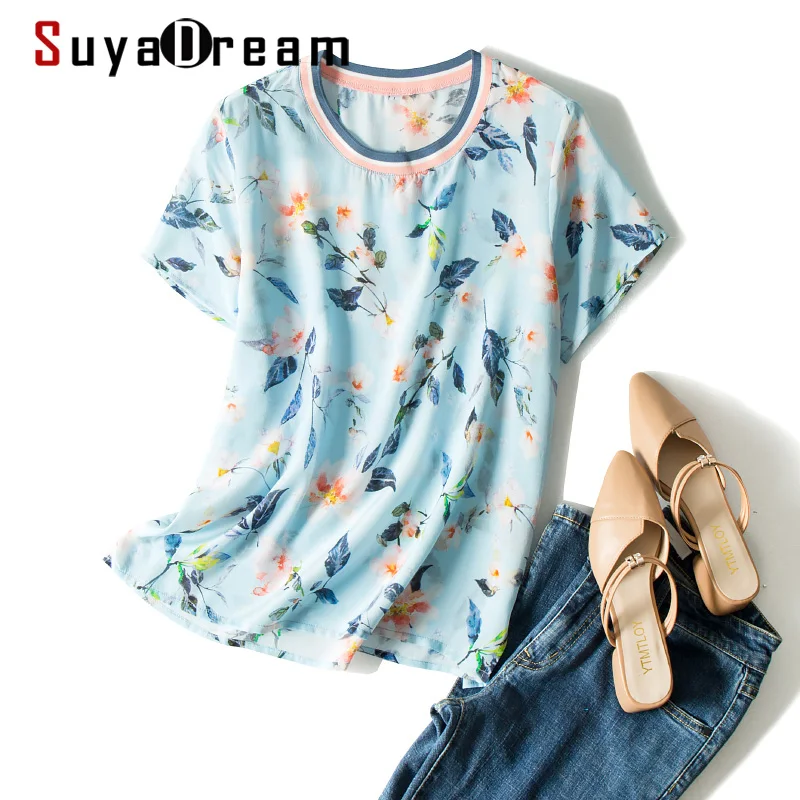 

SuyaDream Korean Stye Blouse Women 100% Real Silk Short Sleeves Floral Blouse Shirt 2020 Summer Silk Print Shirts
