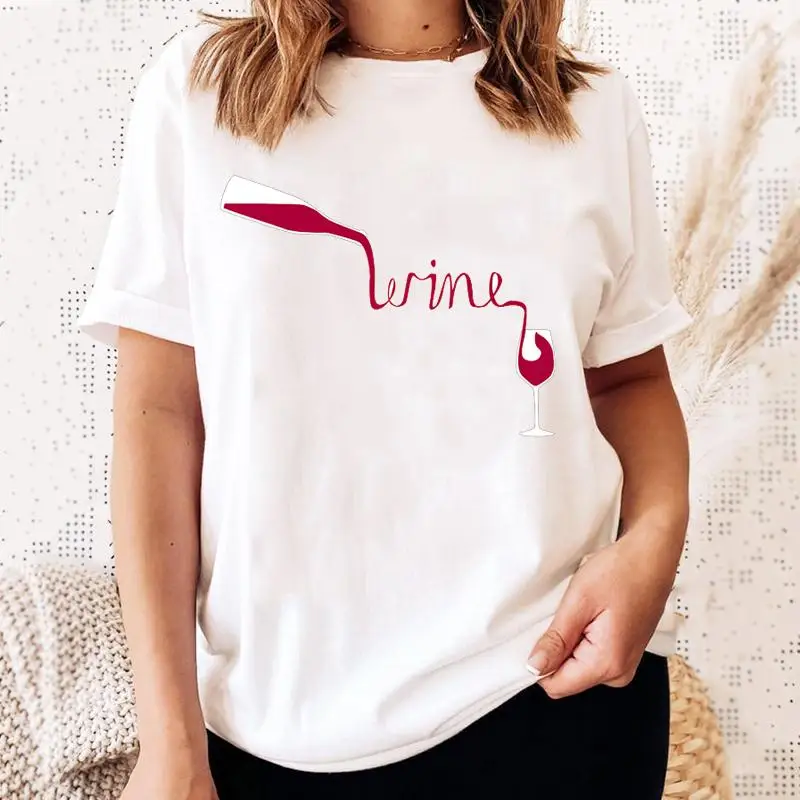 

Футболка женская повседневная, модный топ с коротким рукавом, милая рубашка с графическим рисунком вина, счастливого времени