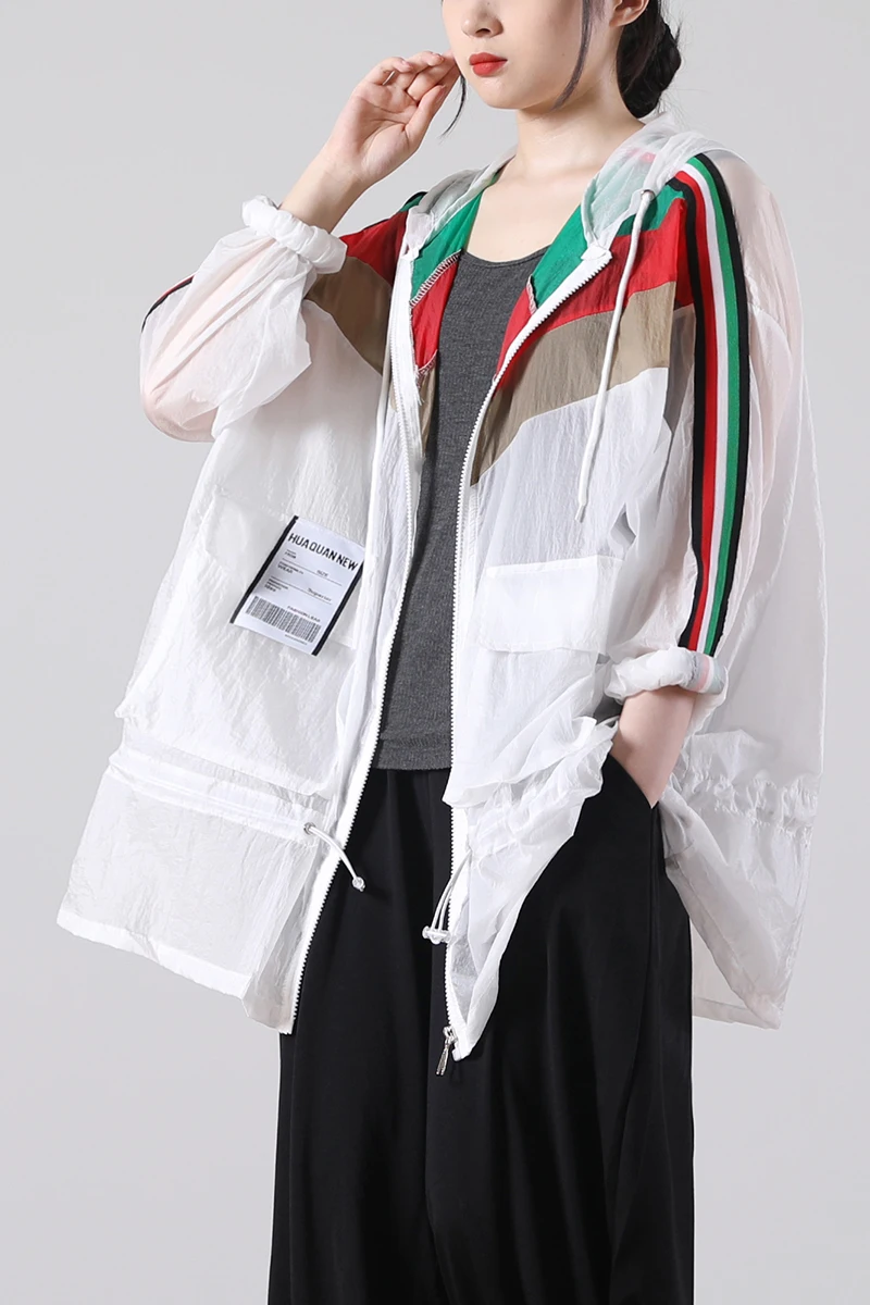 

SuperAen New Summer Clothing 2021 Loose Plus Size Art Patchwork Hooded Drawstring Sunscreen Jacket