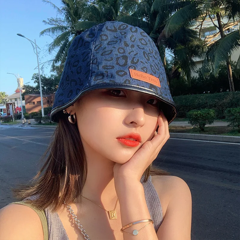 

New Summer Women Leopard Printing Short Brim Denim Fisherman Hat Outdoor Bucket Hat For Lady Summer Sunscreen High Quality Hat
