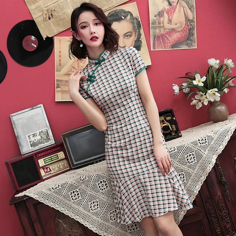 

Chinese Dress Green Plaid Sexy Slim Cheongsam Dress Qipao Wedding Party Chinese