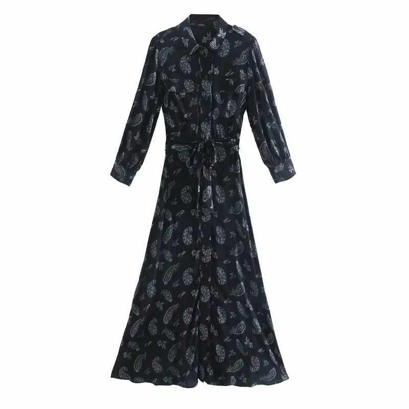 ZA 2020 NEW black Lace up printing dress womens midi lapel Retro Long sleeve slim waist vestidos chic party dresses | Женская одежда