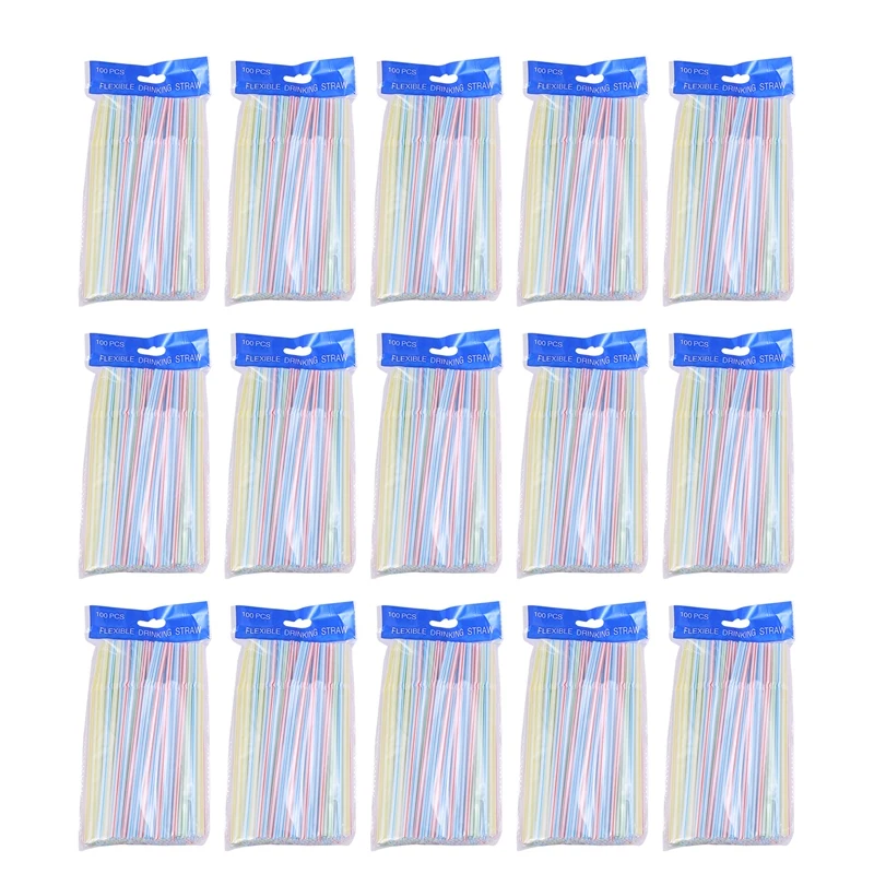 

1500 Pcs Flexible Plastic Straws Striped Multi Colored Disposable Straw 8 inch Long