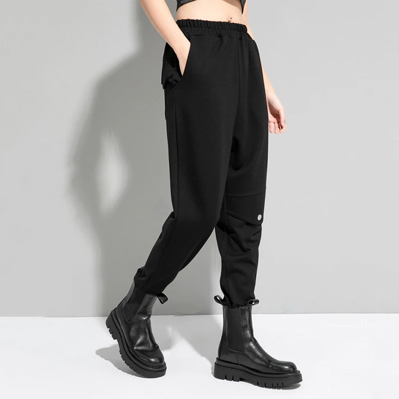 

High Elastic Waist Black Long Pockets Trousers New Loose Harem Pants Women Fit Fashion Tide Spring Autumn 2021 C728