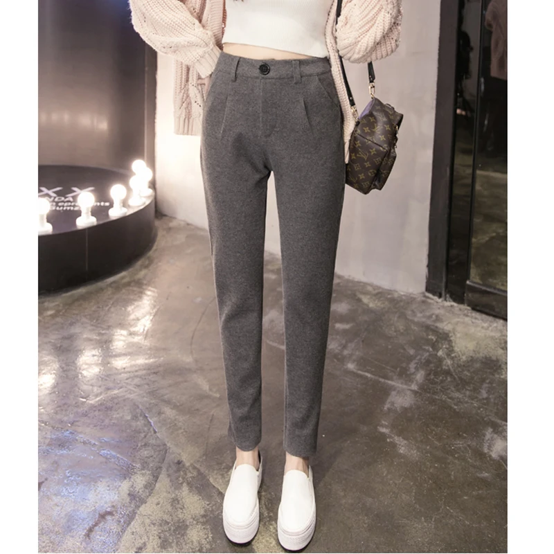 Зимние женские длинные штаны Однотонные эластичные шерстяные с высокой талией