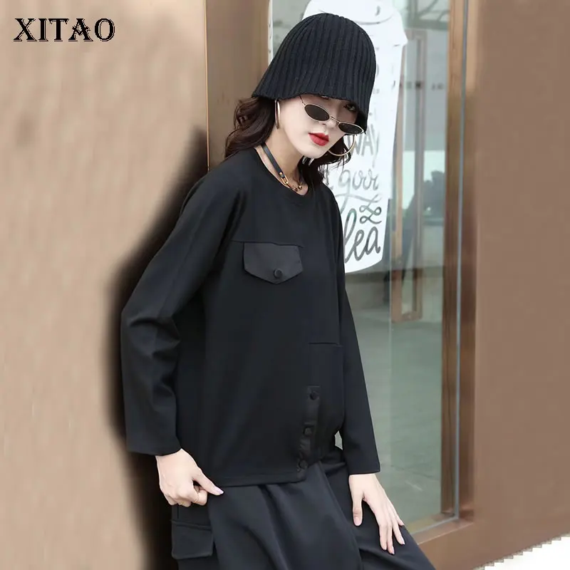 

XITAO, новинка, Женская толстовка, Осень-зима, модный Свободный пуловер, большой размер, соединенный Топ, 2021, простота, универсальная, CZH0017