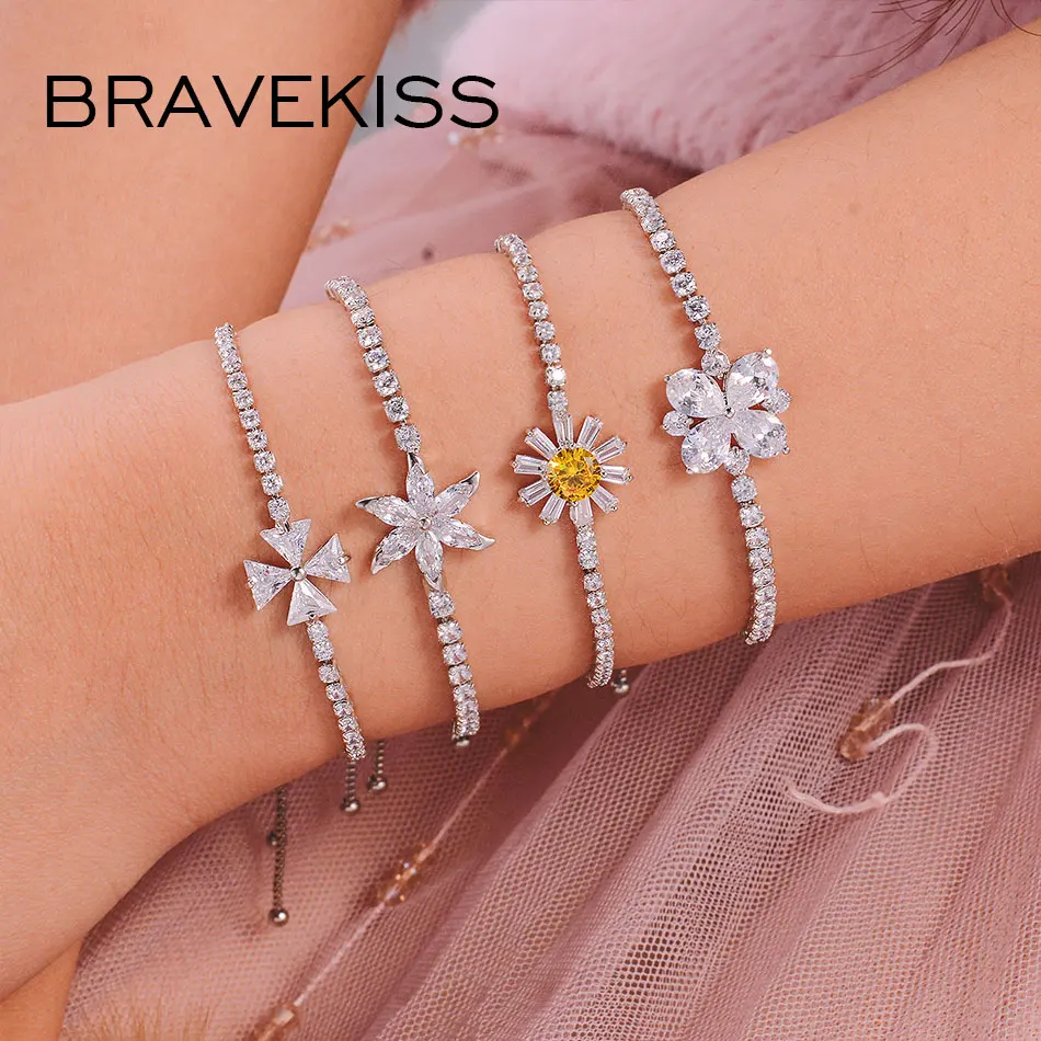 Женский браслет с цирконием Bravekiss модный цветком из циркония регулируемыми