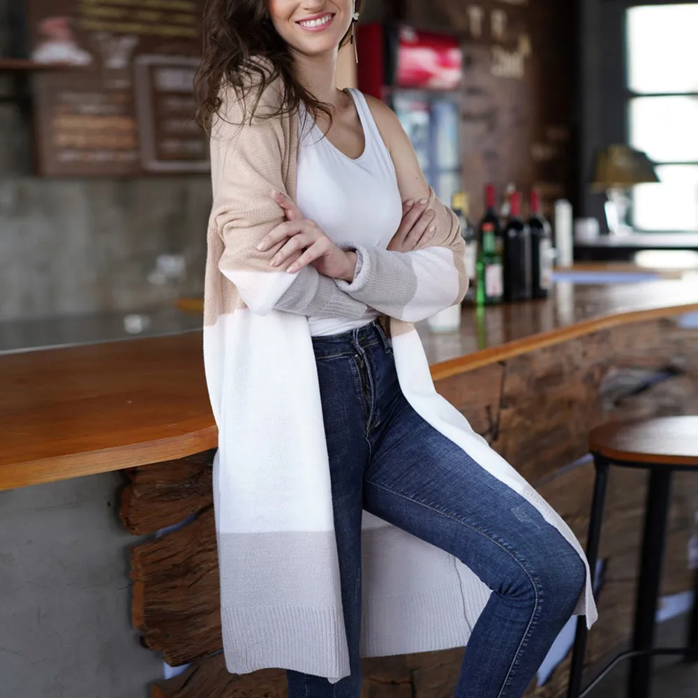 Autumn Women Sweater Striped Cardigan Cashmere Draped Loose Long Casual Knit Coat |