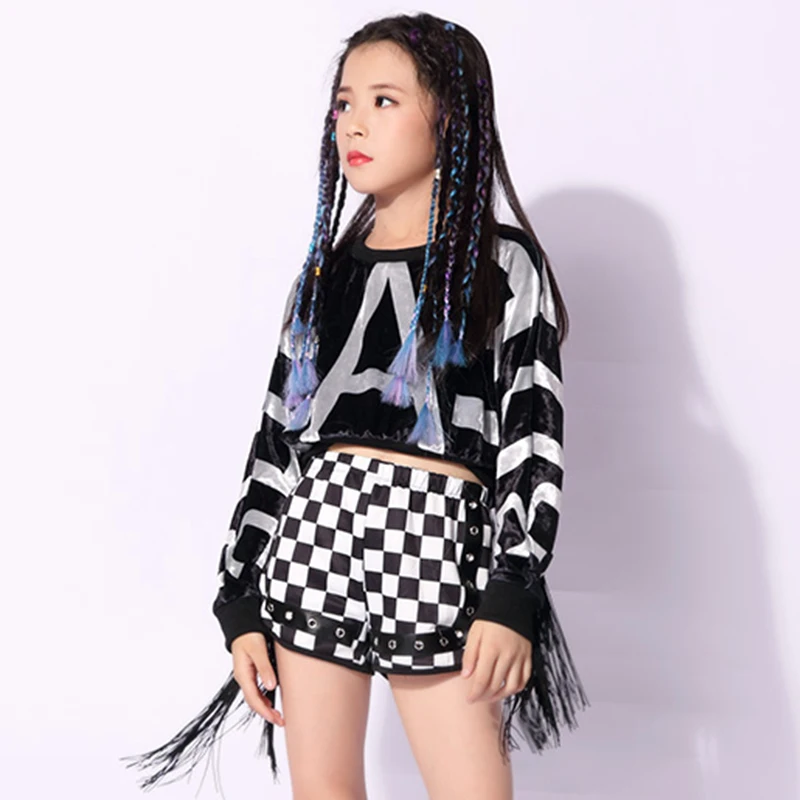 Popular Girls Stage Costume Jazz Tassel Dancing Outfits Children Hip Hop Set Mosaic Kid Street Dance Performance Clothing |