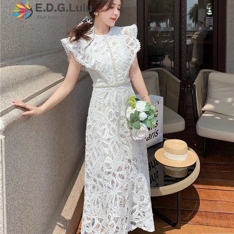 

EDGLuLu Vintage O-neck Short Sleeve White Lace Long Dresses For Women 2021 Elegant Hollow Out Embroidery Party Dress 0324