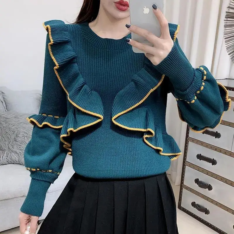 

Woman Sweaters Autumn Winter Slim-Fit Top Ruffle Sweater Inner Wearing Female Knitted Pullover Korean Chic Preppy Simple Sweater